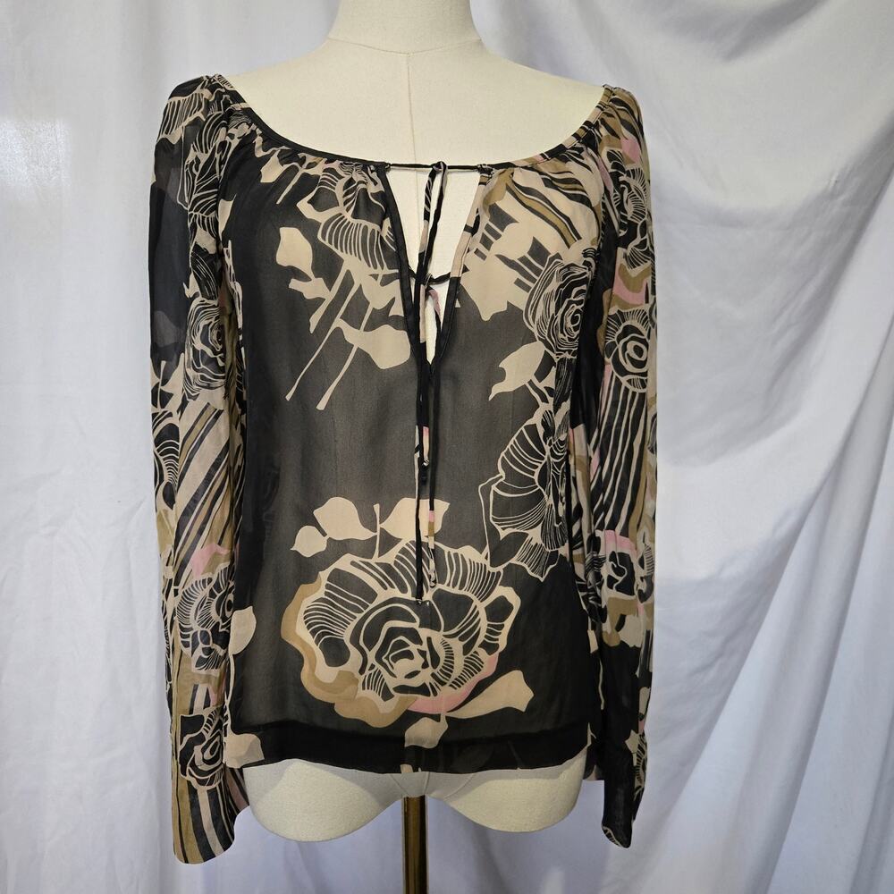 Trina Turk Blouse Womens Floral Silk Top M Boho Sheer Whimsigoth Fairy Grunge
